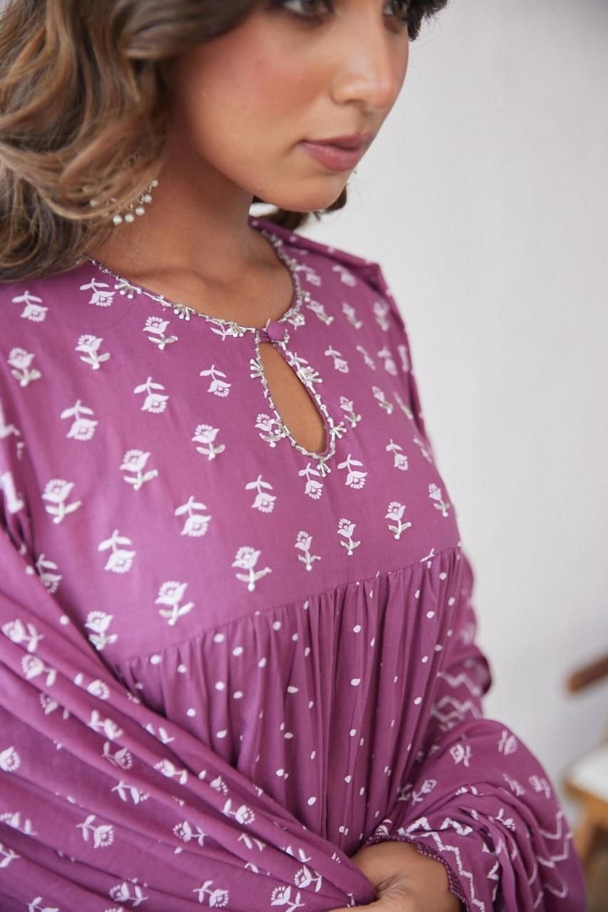 Purple Cotton Anarkali Suit with Dupatta